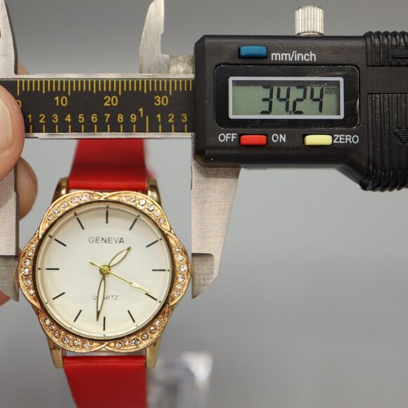 Geneva Ladies Gold Tone Flower Watch Jewel Bezel Red Faux Leather w New Battery - Picture 9 of 10